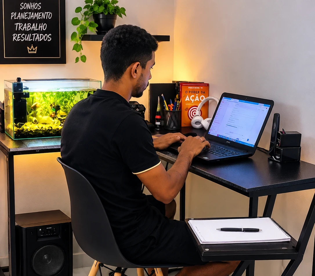Fundador da Up Mídia trabalhando na mesa, com um quadro escrito Sonhos, Planejamento, Trabalho, Resultados ao fundo