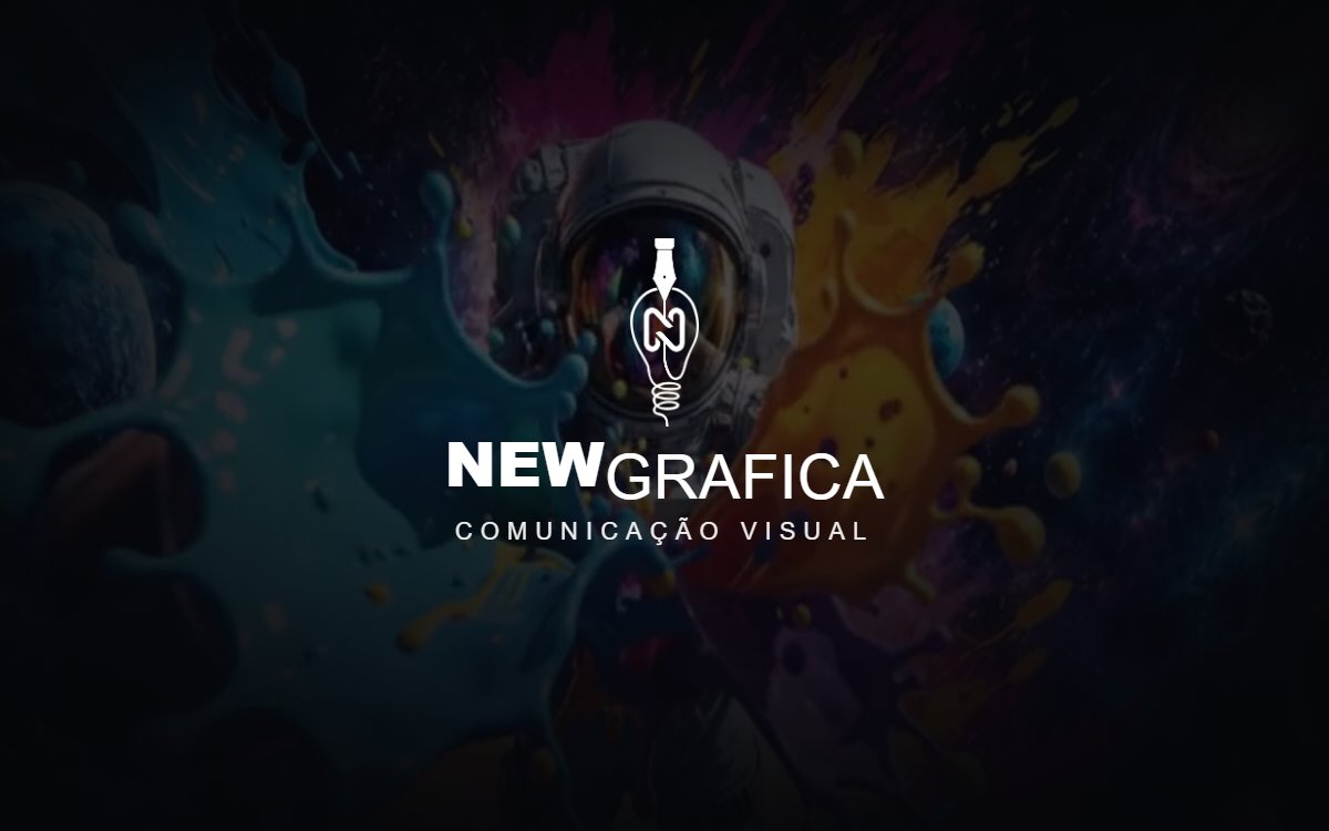Print do site da New Gráfica, com fundo escuro e ilustração colorida